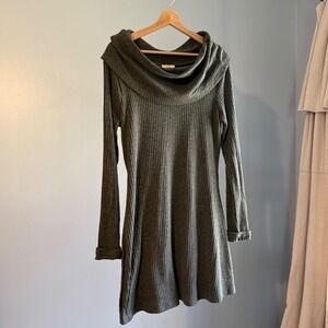KORI America S/M Ribbed Cowl Neck Sweater Dress Green Gray Long Sleeve